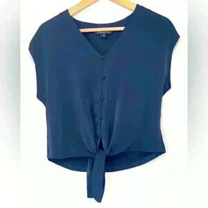 Forever  New Women’s Navy Blue Summer Short Sleeve Button Detail Tie Blouse XXS